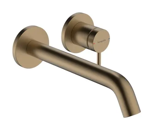 Wandmontierter Einhebel-Waschtischmischer aus gebürstetem Bronze von Hansgrohe mit geradem Auslauf. Schlichte, runde Bedienelemente in einem modernen Design.